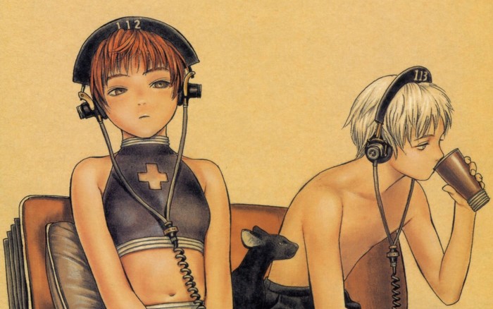 Illustration of two characters with headphones