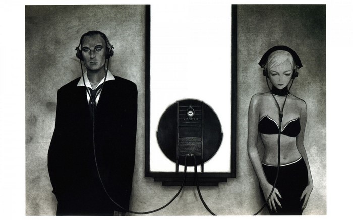 Man and Woman with Headphones Listening to Music