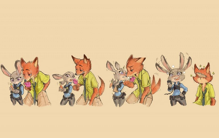 Nick Wilde and Judy Hopps from Zootopia sharing treats