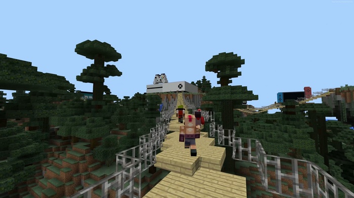 Minecraft players walk on a bridge towards Xbox and Nintendo Switch builds