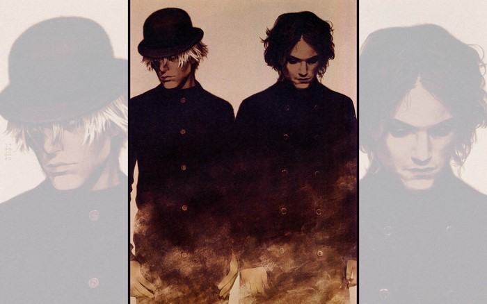 Two men in dark coats and hats, illustration