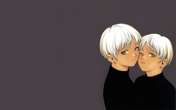 Two anime characters with white hair and black shirts