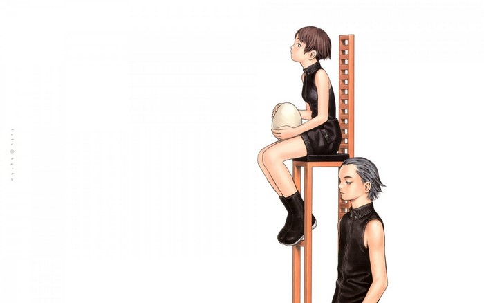 Girl holding egg on chair with boy below