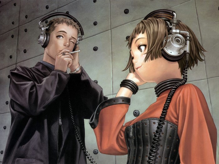 Man and woman with headphones and cigarettes