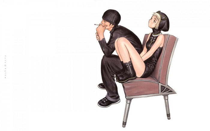Illustration of two original characters sitting on a chair