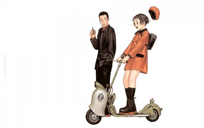 Illustration of a man and a girl on a scooter