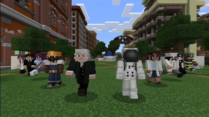 Minecraft characters in a city park