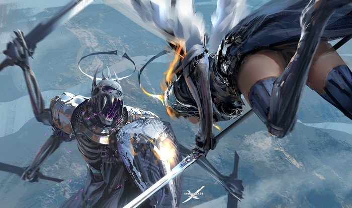 Knight with wings fighting a skeleton warrior