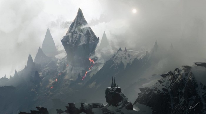 Fantasy volcanic mountains with lava and snow