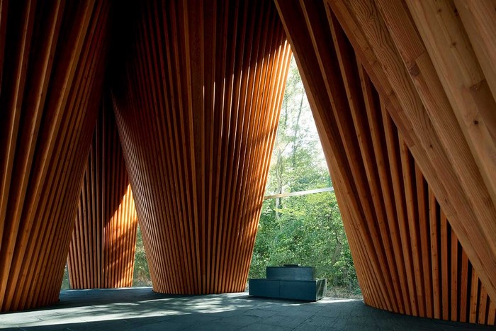 Modern wooden interior with forest view