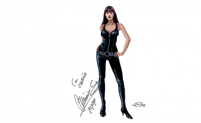 Artwork of a woman in a black catsuit
