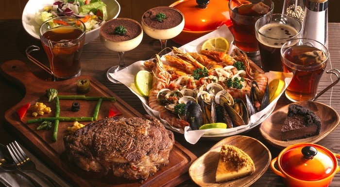 Steak, Seafood Platter, Desserts, and Drinks