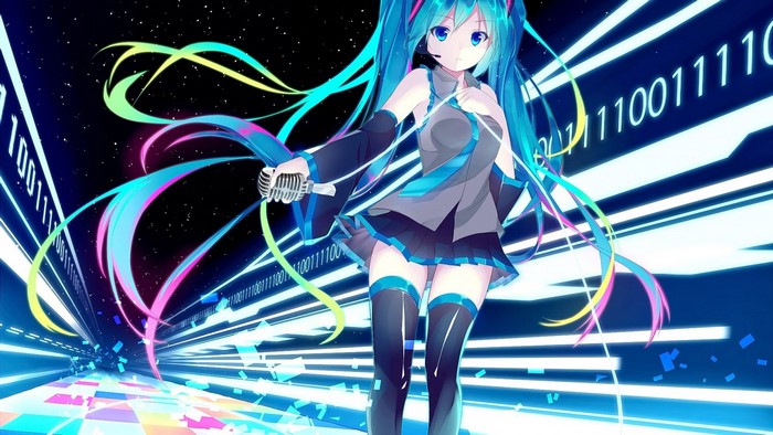 Hatsune Miku from Vocaloid singing with binary code background