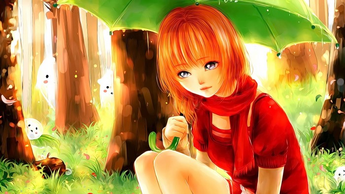 Anime girl with orange hair under a green umbrella in a forest