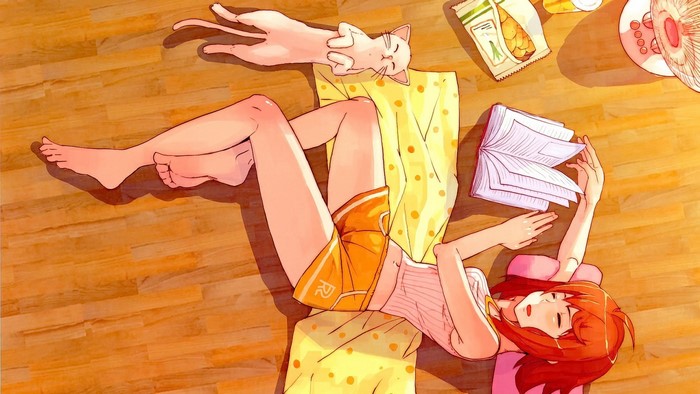 Anime girl reading a book with a cat sleeping