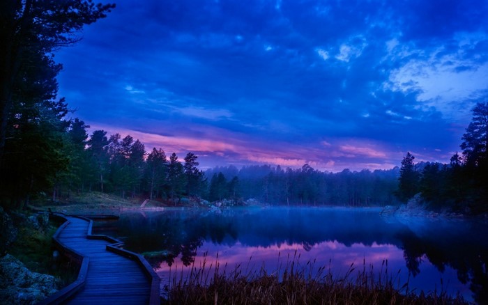 Wooden boardwalk by a misty lake at dusk