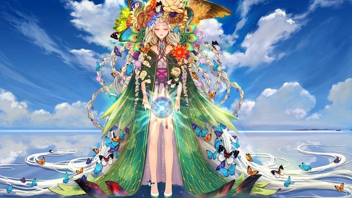 Anime girl with butterflies and flowers in hair