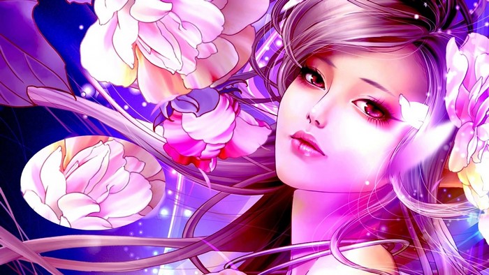 Anime girl with pink flowers