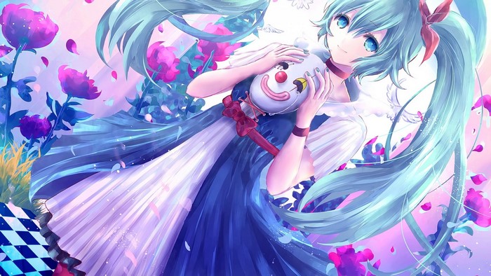 Hatsune Miku holding a clown mask with flowers