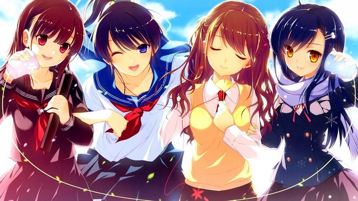 Four anime girls in school uniforms with drinks