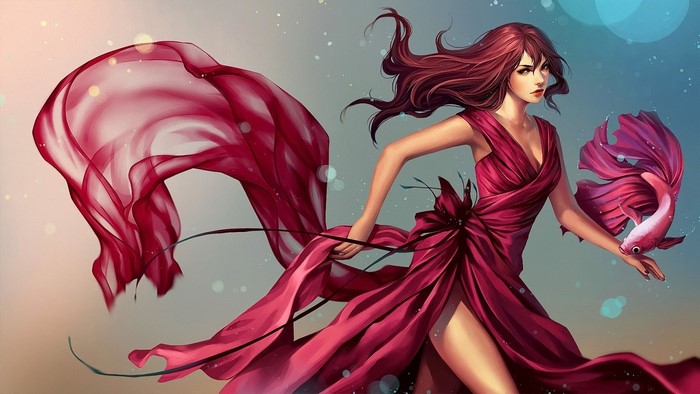 Redhead woman in a dress with a fish