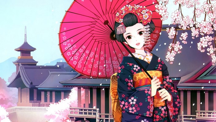 Anime geisha with umbrella under cherry blossoms near temple