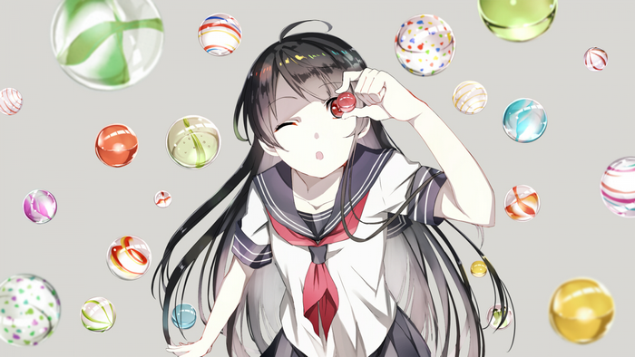 Anime girl in sailor uniform with marbles