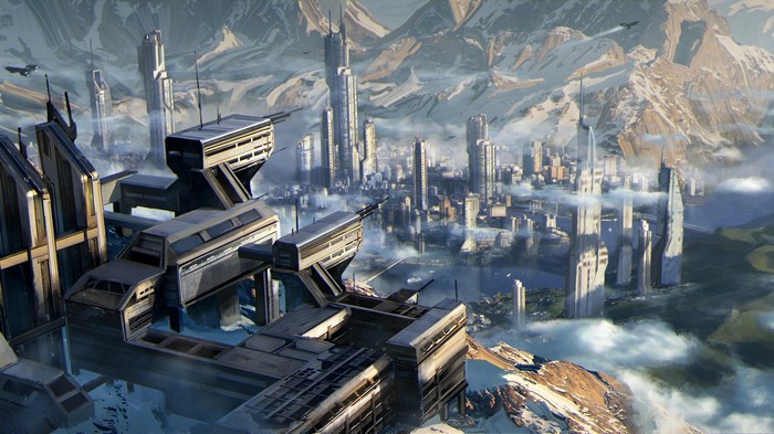Star Citizen artwork of a futuristic city in mountains