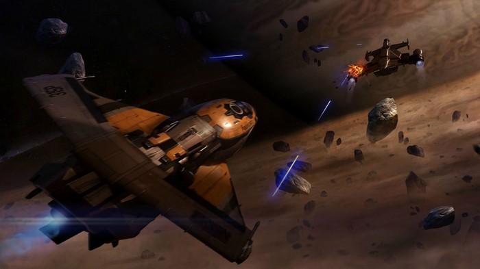 Star Citizen space battle with ships and asteroids