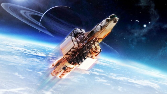 Spaceship near Saturn-like planet and Earth