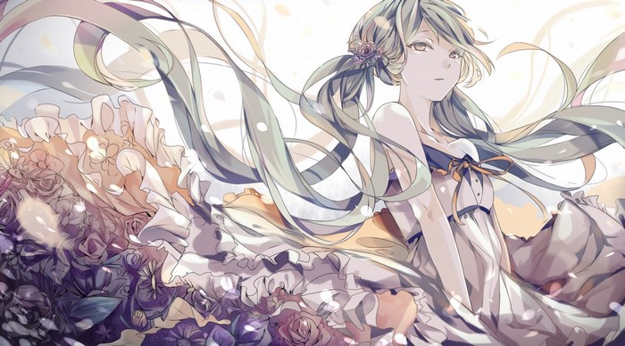 Hatsune Miku from Vocaloid with flowers and dress