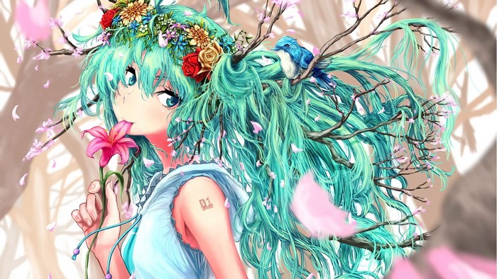 Hatsune Miku with Flowers and Bird