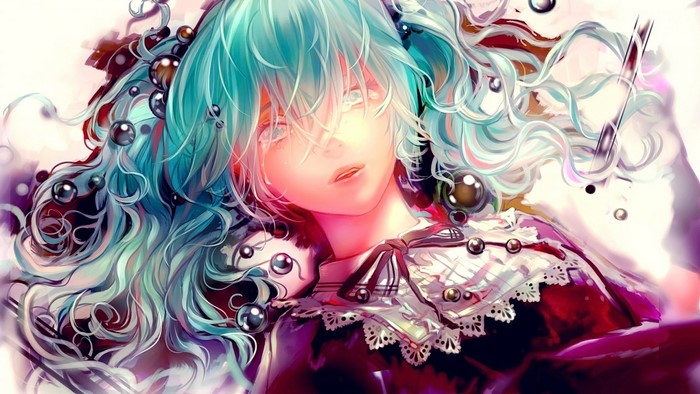 Hatsune Miku from Vocaloid with blue twintails and bubbles