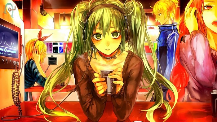 Anime characters in a cafe with headphones