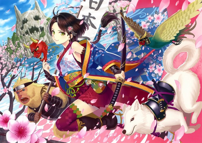 Anime girl with monkey, bird, and dog in kimono