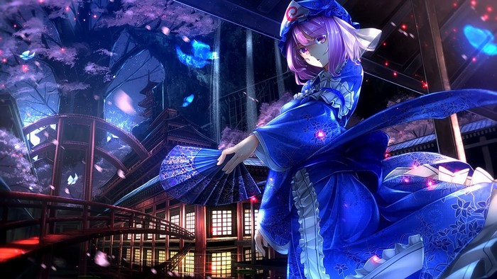 Saigyouji Yuyuko from Touhou holding a fan