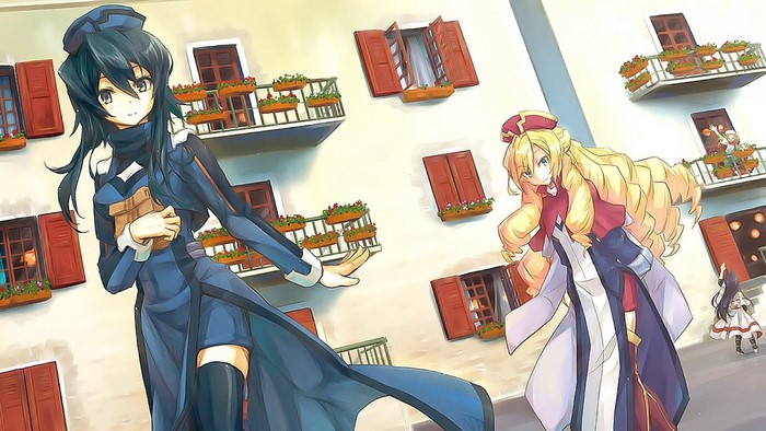 Anime girls in Log Horizon on a street