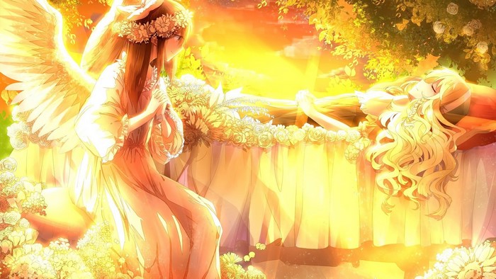 #1063052 sunset, anime, anime girls, wings, angel, sleeping, Touhou ...