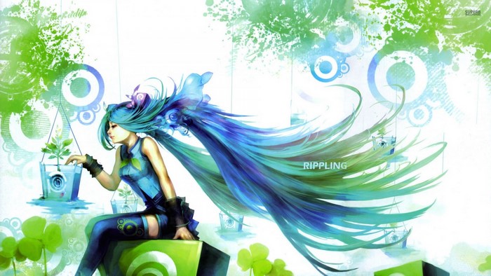 Anime girl with long blue hair and plants