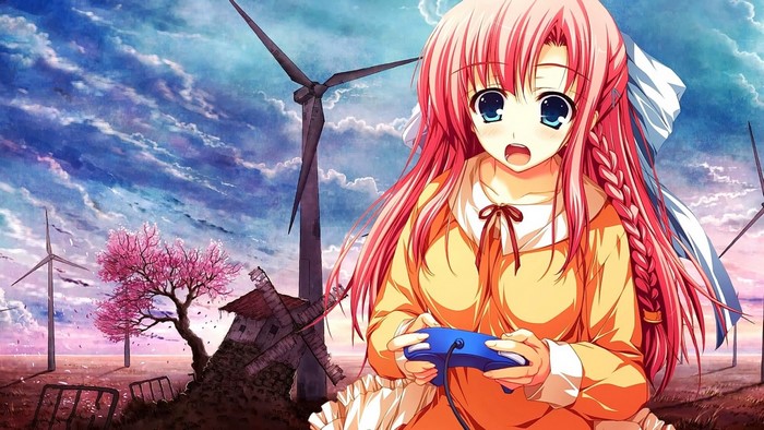 Anime girl with pink hair playing video games
