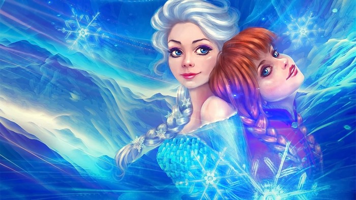 Elsa and Anna from Frozen with snowflakes