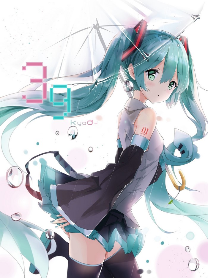 Hatsune Miku from Vocaloid with umbrella and bubbles