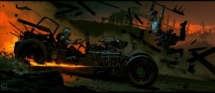 Mad Max: Fury Road characters in a post-apocalyptic chase