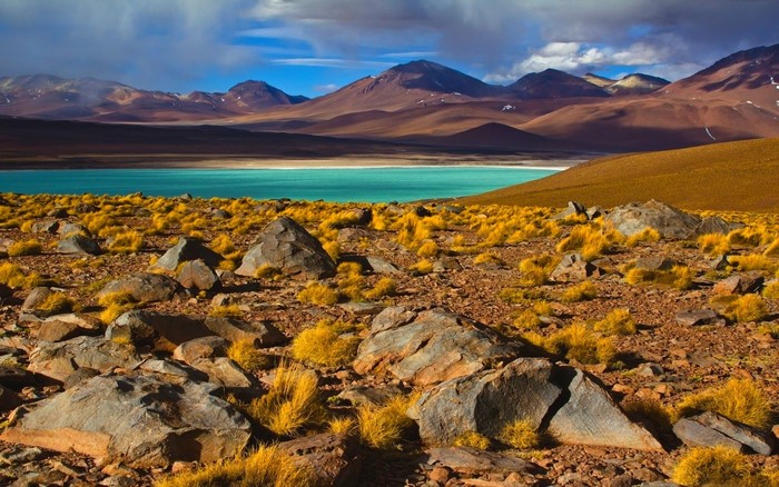 Turquoise lake and mountains in Atacama Desert, Chile