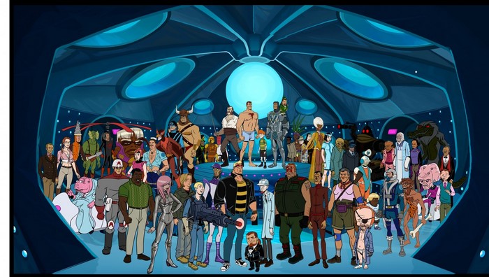The Venture Bros. characters in a futuristic room