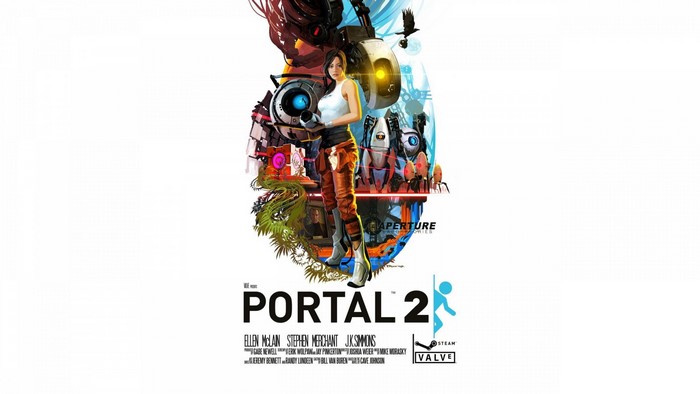 Portal 2 video game poster with Chell and robots