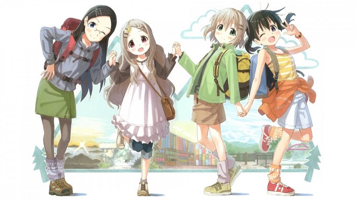 Four anime girls with backpacks on a hike