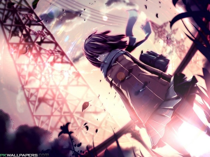 Anime girl with scarf and bag near tower