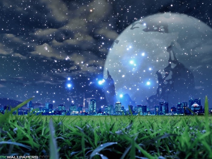 Cityscape at night under a starry sky with a large moon