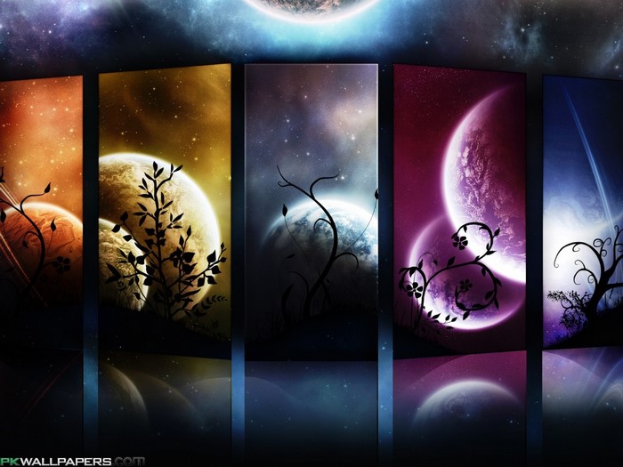 Abstract Space Art with Planets and Silhouetted Flora